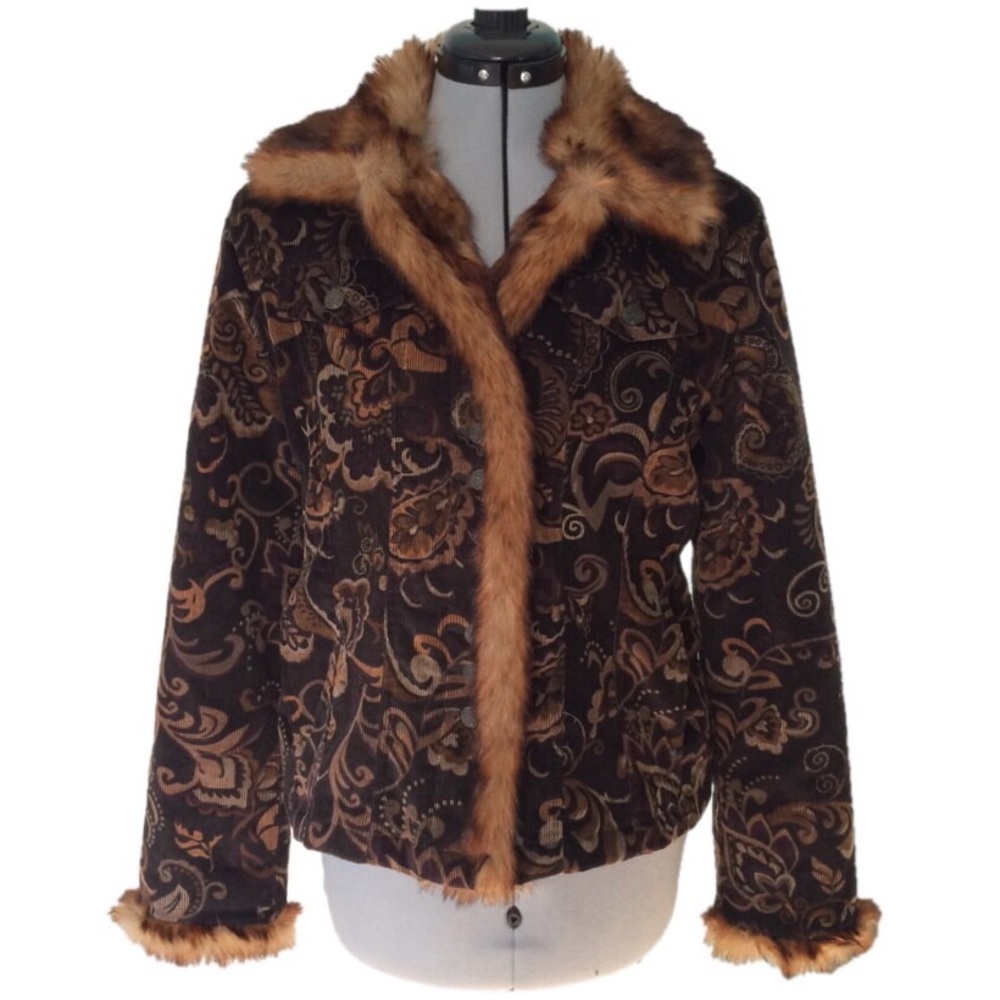Black Rivet Corduroy Faux Fur Brown Floral Coat M